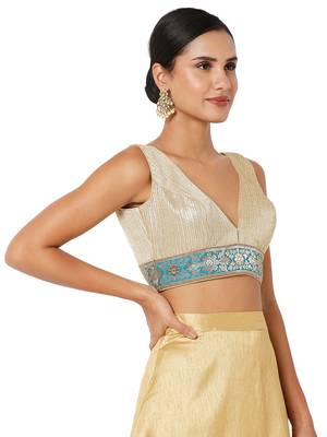 Salwar Studio Women's Gold & Blue Banarasi Self Design Readymade Saree Blouse 4