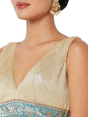 Salwar Studio Women's Gold & Blue Banarasi Self Design Readymade Saree Blouse 5