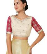 Salwar Studio Women's Beige & Pink Oraganza Embroidered Readymade Saree Blouse