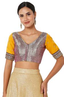 Salwar Studio Women's Wine & Yellow Brocade Silk Embroidered Readymade Saree Blouse