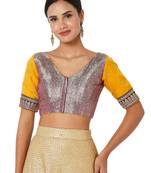 Salwar Studio Women's Wine & Yellow Brocade Silk Embroidered Readymade Saree Blouse