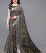 Grey Printed Cotton Saree With Blouse
