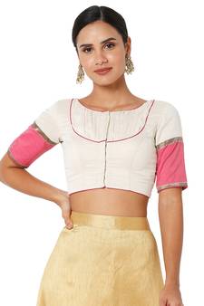 Salwar Studio Women's White & Pink Cotton Self Design Readymade Saree Blouse