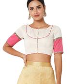 Salwar Studio Women's White & Pink Cotton Self Design Readymade Saree Blouse