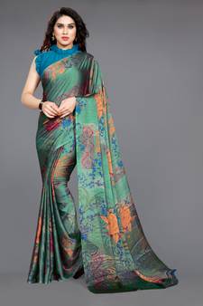 Teal printed chiffon saree with blouse