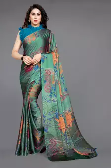 Teal printed chiffon saree with blouse