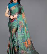 Teal printed chiffon saree with blouse