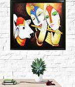 Gallery99 Krishna with Radha & Nandi  Original Handmade Oil Painting On Canvas Rolled( 40x3x28 )