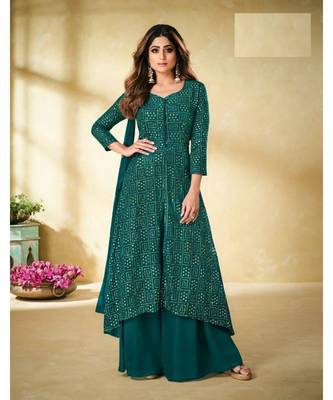 sea-blue embroidery georget semi stitch anarkali gowns 1