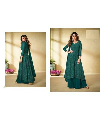 sea-blue embroidery georget semi stitch anarkali gowns 2