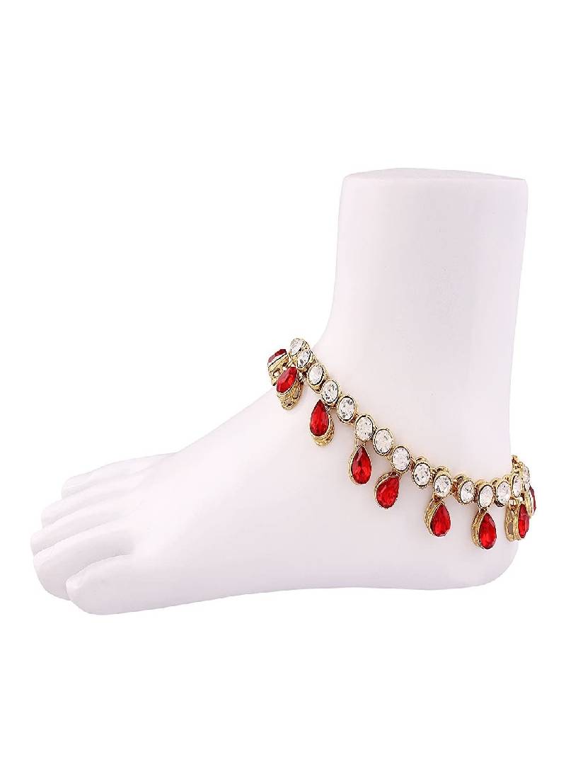 Traditional Gold Plated Kundan Drop Payal Anklets Jewellery for Women & Girls 