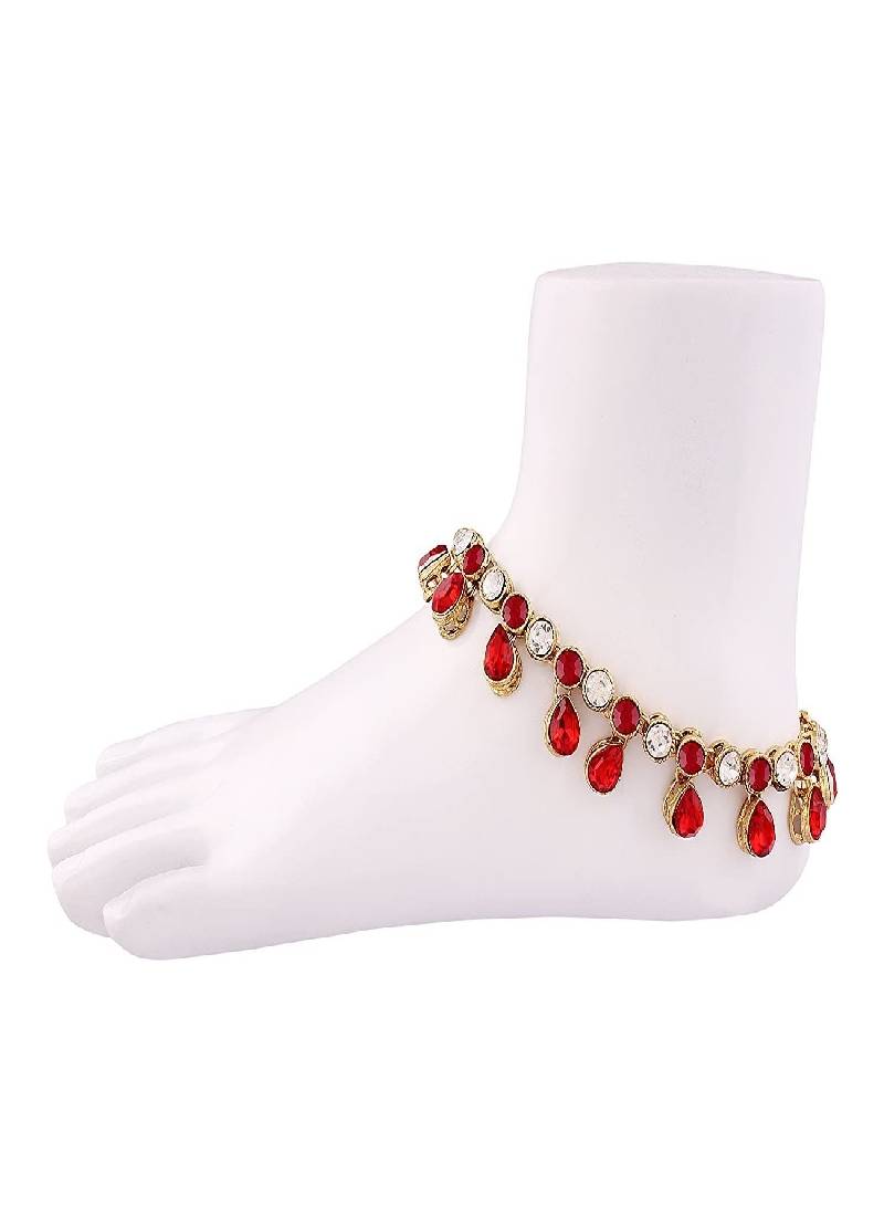 A011R Traditional Red Gold Plated Anklets Payal for Women and Girls