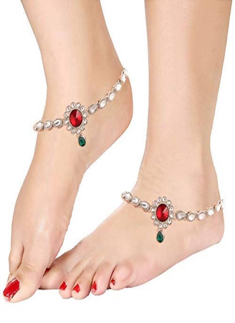 Traditional Silver Plated Kundan Anklets For Girls & Women 