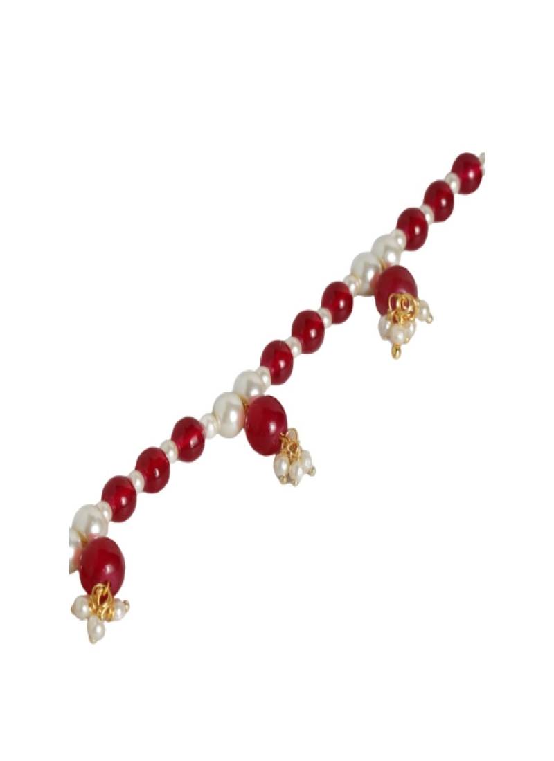 Maroon Kundan Yellow Gold Plated Anklet