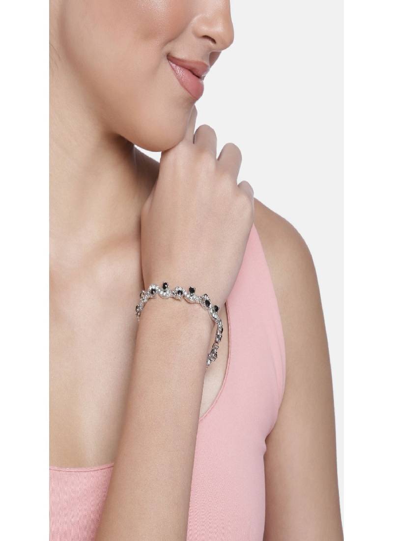 Valentine's Collection Gift Black Crystal CZ Chain Silver Plated Bracelet for Women and Girls (ADB181B)