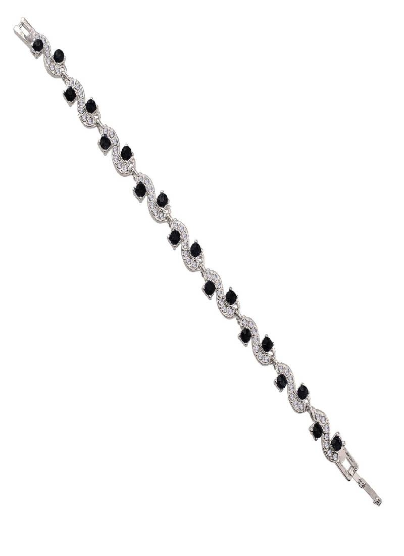 Valentine's Collection Gift Black Crystal CZ Chain Silver Plated Bracelet for Women and Girls (ADB181B)