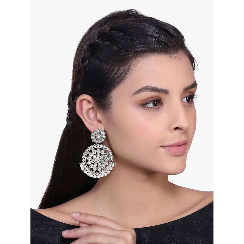 Rhodium Plated Chandbali Earrings Encased With Faux Kundans For Women/Girls 