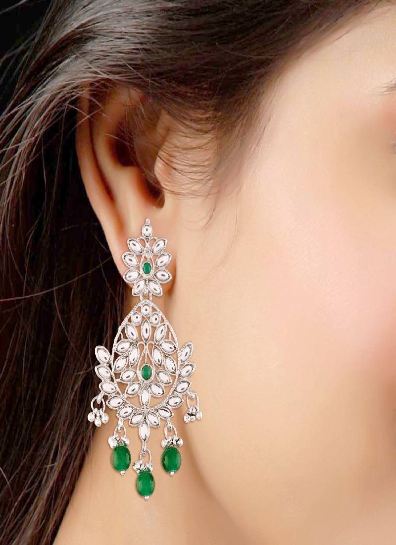 Traditional Silver Plated Chandbali Earrings Encased With Faux Kundans For Women/Girls 