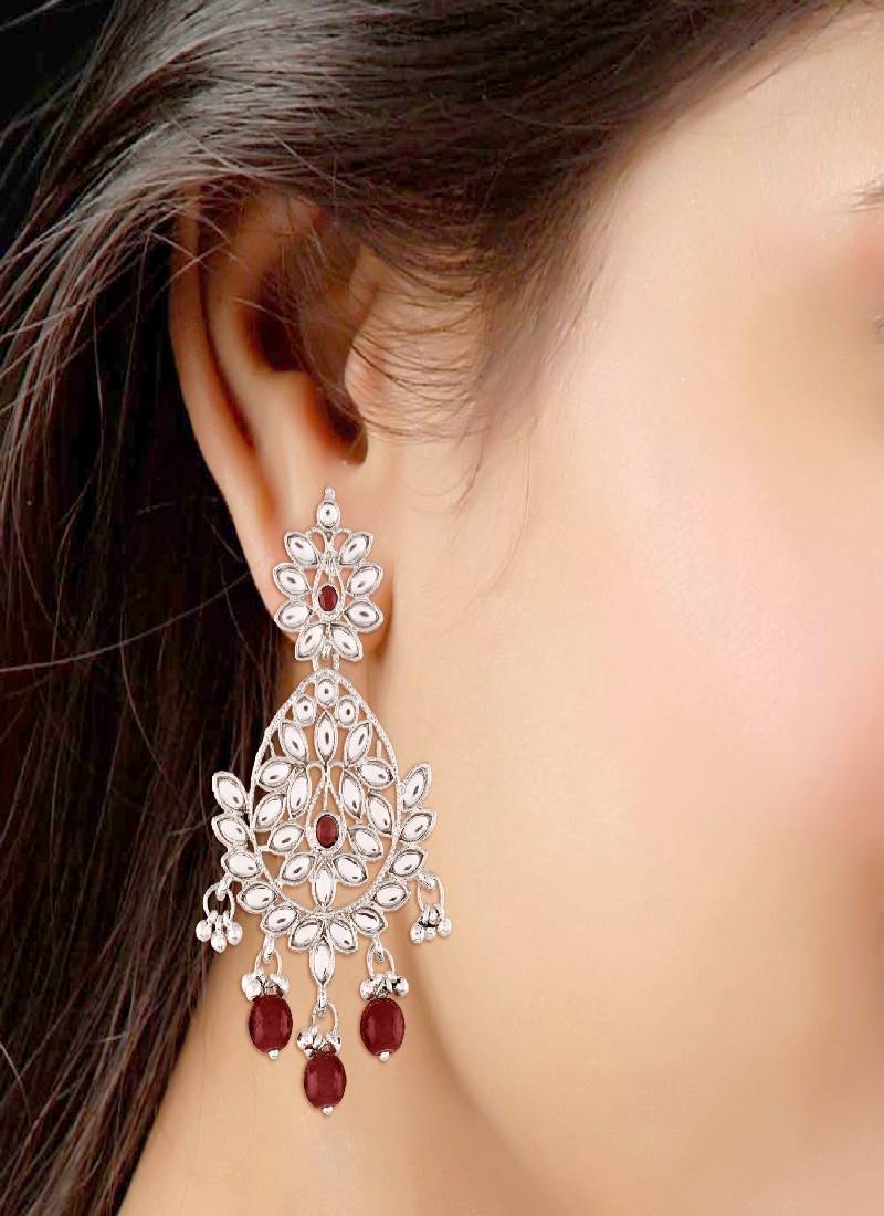 Traditional Silver Plated Chandbali Earrings Encased With Faux Kundans For Women/Girls 