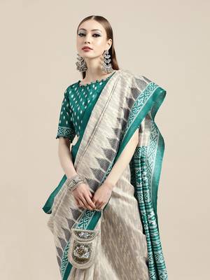 Sareemall Off White Casual Silk Blend Printed Saree With Unstitched Blouse 3