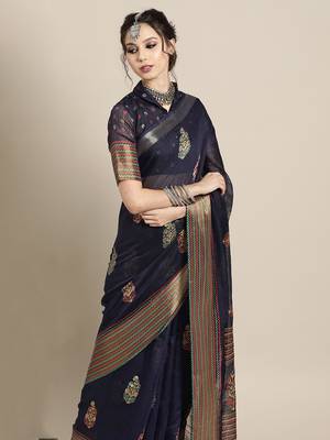Sareemall Navy Blue Casual Linen Blend Printed Saree With Unstitched Blouse 1