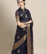 Sareemall Navy Blue Casual Linen Blend Printed Saree With Unstitched Blouse
