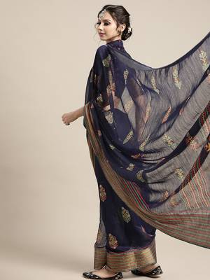 Sareemall Navy Blue Casual Linen Blend Printed Saree With Unstitched Blouse 2