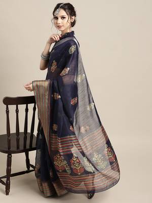 Sareemall Navy Blue Casual Linen Blend Printed Saree With Unstitched Blouse 3