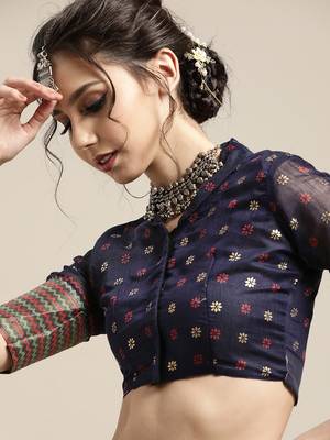 Sareemall Navy Blue Casual Linen Blend Printed Saree With Unstitched Blouse 4