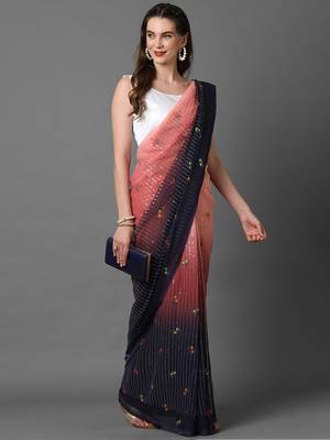 Sareemall Peach & Navy Blue Festive Wear Georgette  Sequence Work Saree With Unstitched Blouse 1