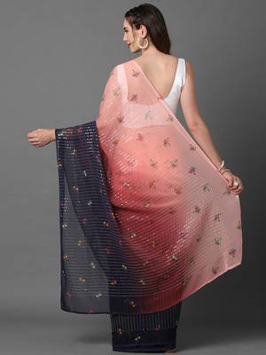 Sareemall Peach & Navy Blue Festive Wear Georgette  Sequence Work Saree With Unstitched Blouse 2