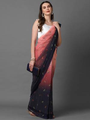 Sareemall Peach & Navy Blue Festive Wear Georgette  Sequence Work Saree With Unstitched Blouse 3