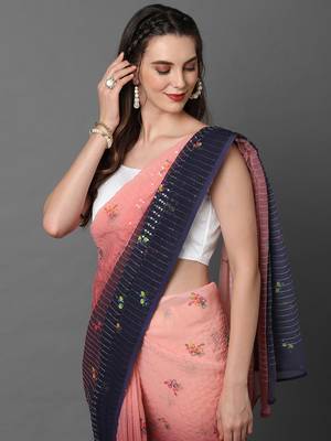 Sareemall Peach & Navy Blue Festive Wear Georgette  Sequence Work Saree With Unstitched Blouse 5