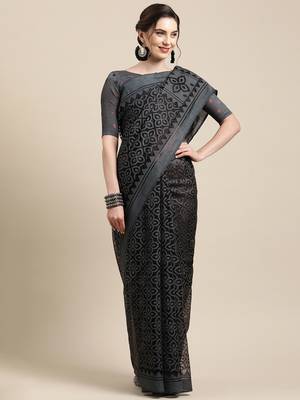 Sareemall Grey Casual  Brasso  Printed Saree With Unstitched Blouse 1