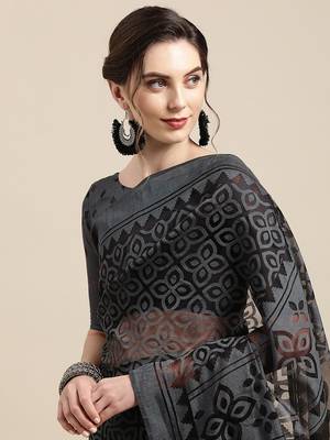 Sareemall Grey Casual  Brasso  Printed Saree With Unstitched Blouse 3