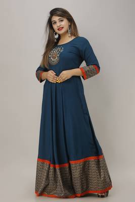 ftDiva Women  Embroidered Anarkali Kurta in Blue 2