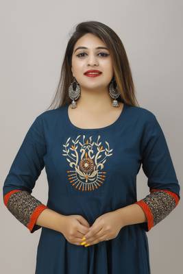 ftDiva Women  Embroidered Anarkali Kurta in Blue 4