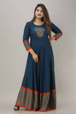 ftDiva Women  Embroidered Anarkali Kurta in Blue 5