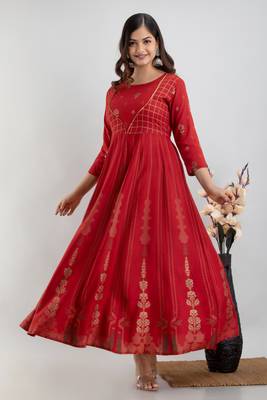 ftDiva Women Ethnic Motifs Anarkali Kurta in Red 1