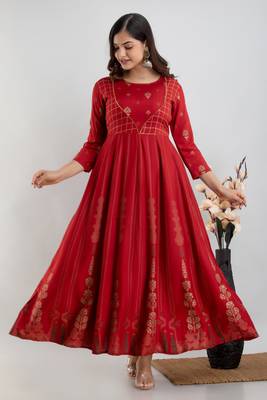 ftDiva Women Ethnic Motifs Anarkali Kurta in Red 5