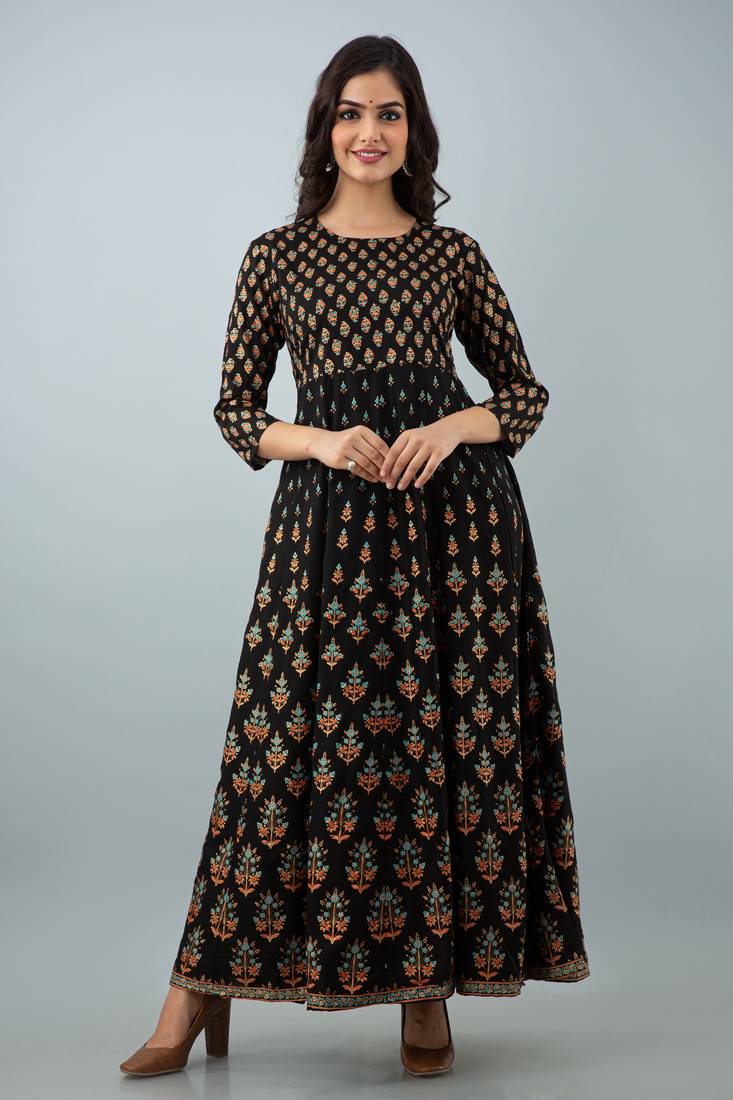 ftDiva Women Paisley Anarkali Kurta in Black