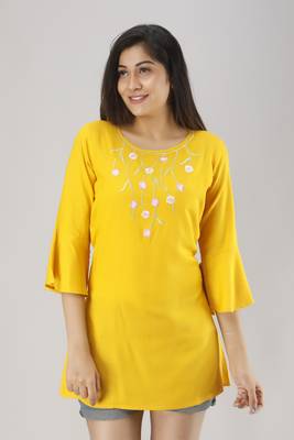 ftDiva Women Embroidered Flared Kurti in Yellow 1