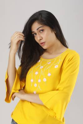 ftDiva Women Embroidered Flared Kurti in Yellow 2