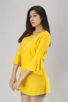 ftDiva Women Embroidered Flared Kurti in Yellow