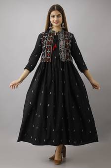 ftDiva Women Ikkat Anarkali Kurta with Jacket in Black