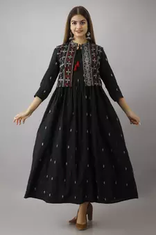 ftDiva Women Ikkat Anarkali Kurta with Jacket in Black