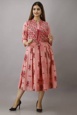 Women Floral Flared Jacketed Kurti in Pink 3