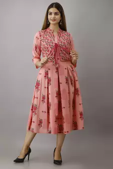 Women Floral Flared Jacketed Kurti in Pink