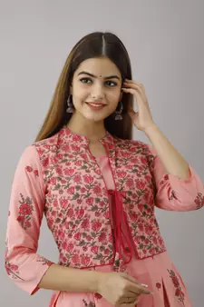 Women Floral Flared Jacketed Kurti in Pink