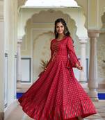 ftDiva Women Self Design Anarkali Kurta in Red